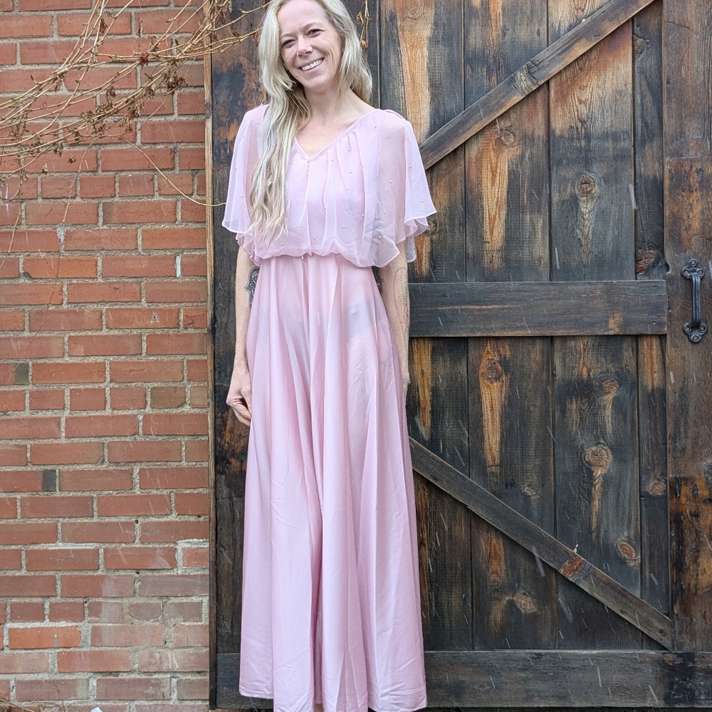 Vintage 70s Pink Pearl Shawl Collar Maxi Gown, Size S - Picture 16 of 16